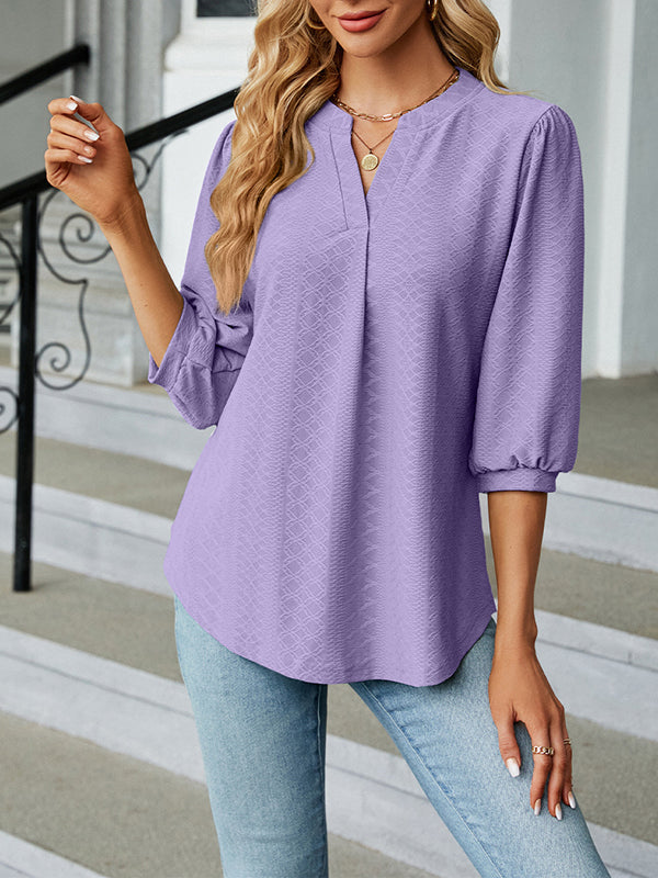 Loose Puff Sleeves Jacquard Pleated Solid Color Split-Joint V-Neck T-Shirts Tops