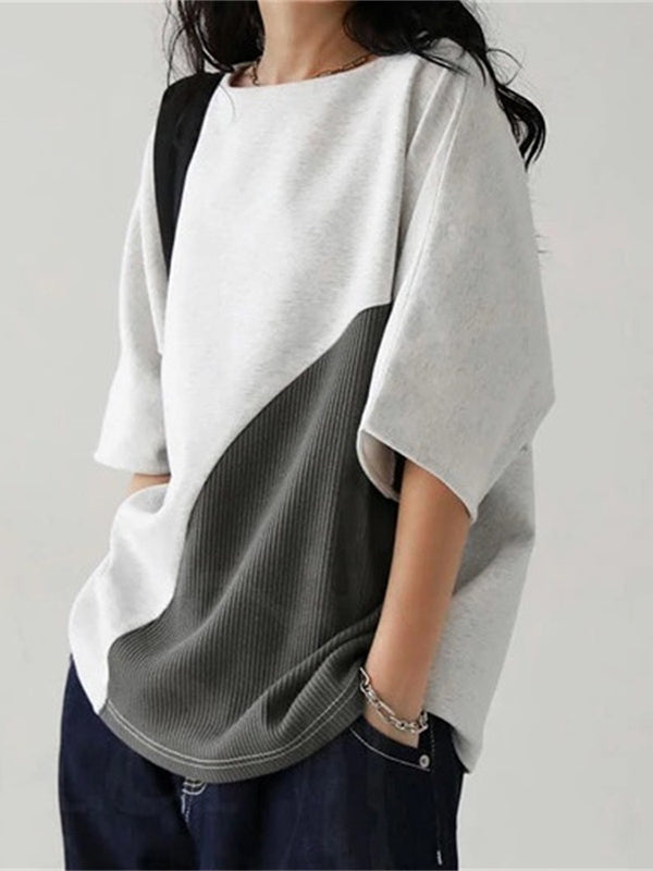 Batwing Sleeves Half Sleeves Contrast Color Round-Neck T-Shirts Tops