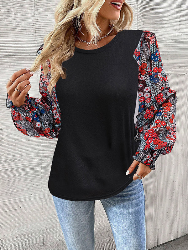 Long Sleeves Loose Flower Print Split-Joint Round-Neck Blouses&Shirts Tops