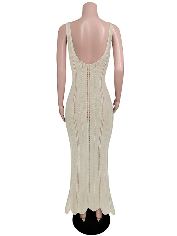 Skinny Sleeveless Backless Hollow See-Through Solid Color Split-Joint Wide Straps Maxi Dresses