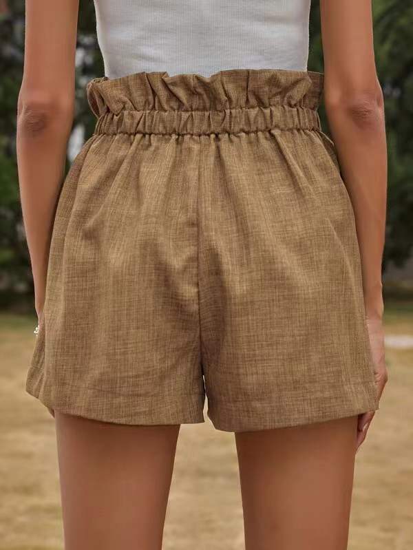 High Waisted Loose Drawstring Elasticity Pleated Solid Color Shorts Bottoms