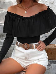 Long Sleeves Skinny Pleated Solid Color Split-Joint Off-the-shoulder T-Shirts Tops