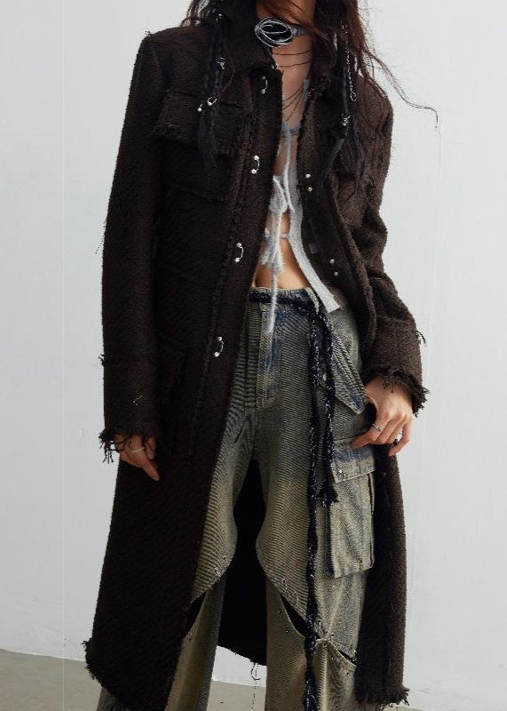 Fringed Textured Woolen Long Coat