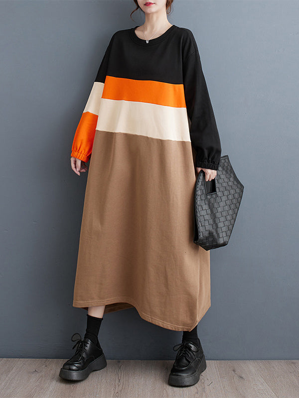 A-Line Long Sleeves Contrast Color Elasticity Split-Joint Round-Neck Midi Dresses