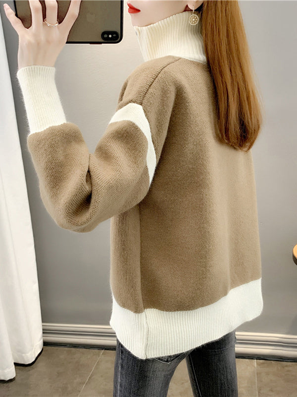 Casual Long Sleeves Contrast Color Zipper Stand Collar Cardigan Tops