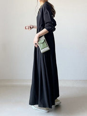 Long Sleeves Loose Pleated Solid Color Split-Joint Round-Neck Maxi Dresses Shirt Dress