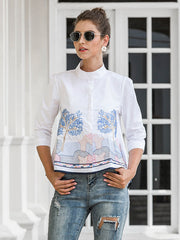 Casual Three-Quarter Sleeves Loose Embroidered Stand Collar Blouses&Shirts Tops