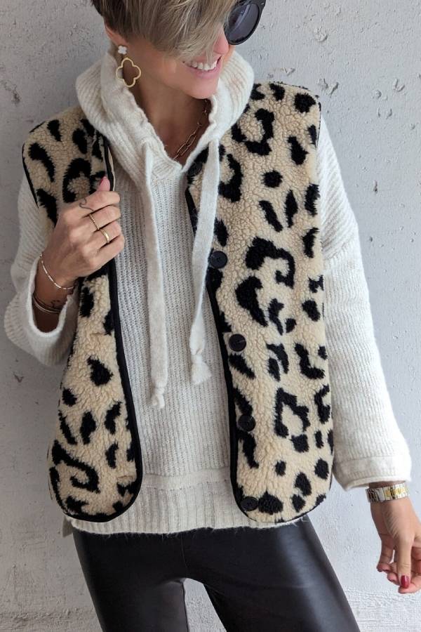 Women's Leopard Print Front Opening Casual Autumn and Winter Vest Jacket