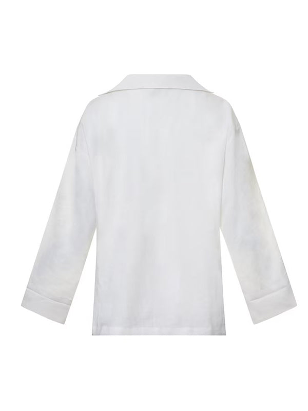 Simple Solid Color High-Low Split-Side V-Neck Lapel Collar Long Sleeves T-Shirt Tops