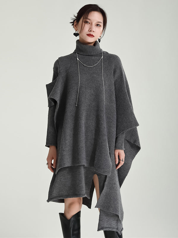 Casual Long Sleeves Loose Solid Color High-Neck Shawl&Sweater Dresses Two Pieces Set