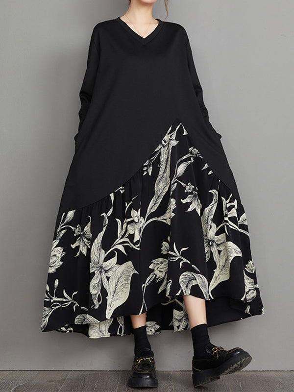 A-Line High-Low Asymmetric Flower Print Split-Joint V-Neck Midi Dresses