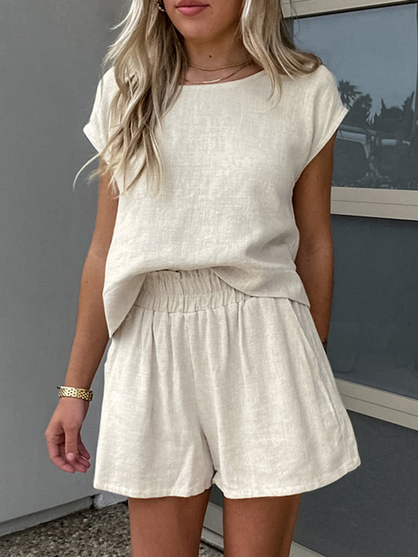 Loose Sleeveless Solid Color Split-Joint Round-Neck Vest Top + Elasticity Shorts Bottom Two Pieces Set