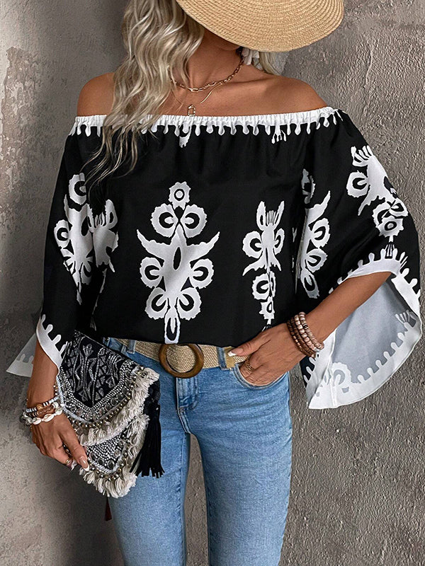 Long Sleeves Loose Elasticity Printed Off-The-Shoulder Blouses&Shirts Tops