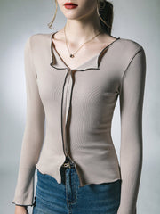 Long Sleeves Skinny Split-Front Lapel T-Shirts Tops