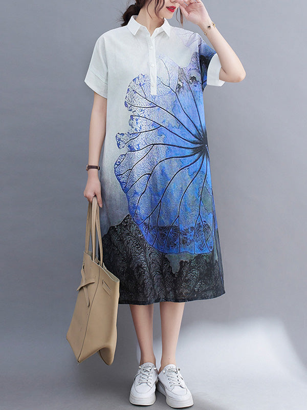 Artistic Retro Floral Printed Buttoned Lapel Collar Short Sleeves Midi Shirt Dress