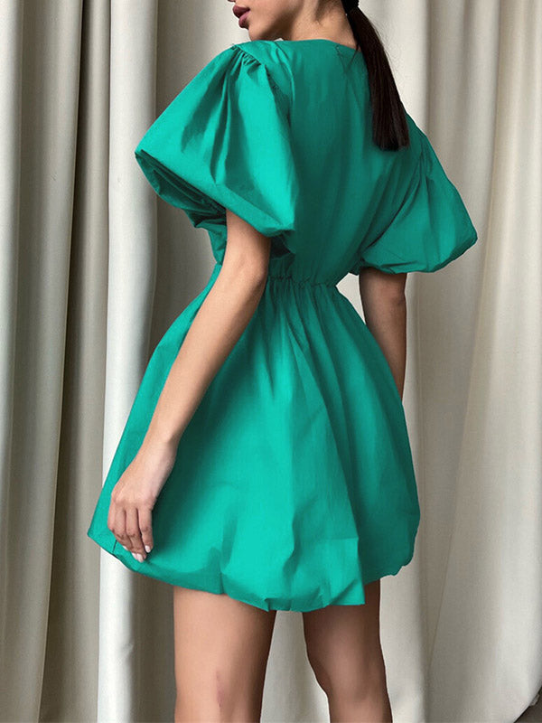 Loose Puff Sleeves Solid Color V-Neck Mini Dresses