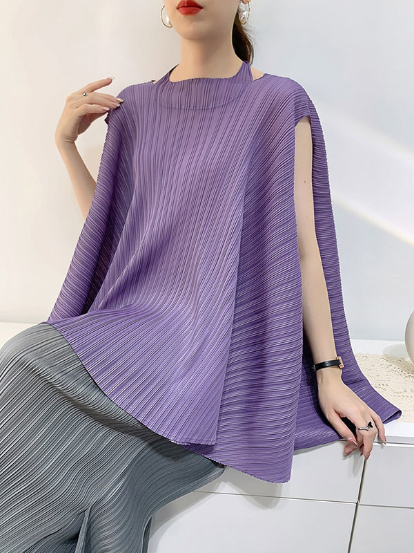 Loose Sleeveless Pleated Solid Color Halter-Neck T-Shirts Tops