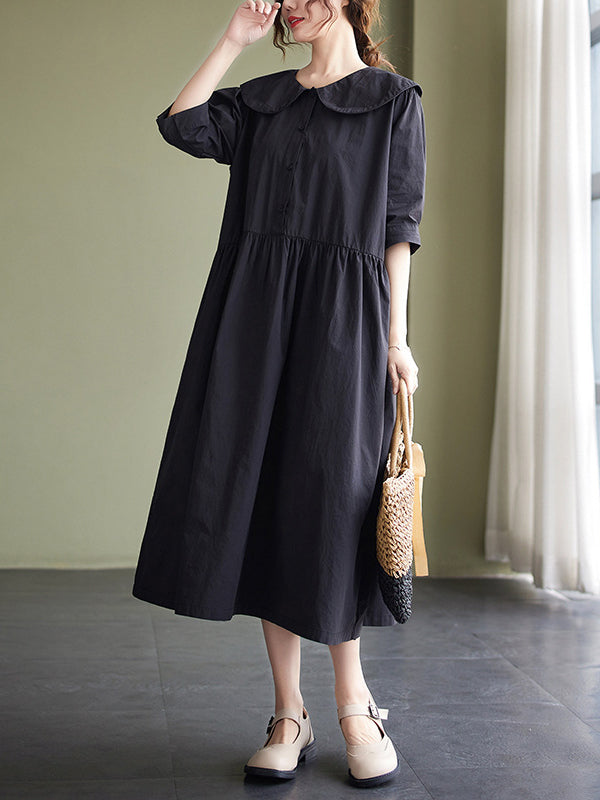 Original Loose Solid Color Buttoned Pleated Midi Dress