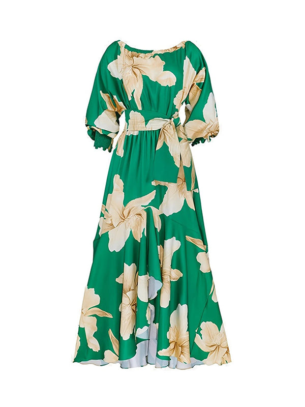 High-Low Long Sleeves Elasticity Flower Print Split-Joint Tied Waist Round-Neck Maxi Dresses