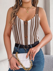 Loose Sleeveless Buttoned Contrast Color Hollow Spaghetti-Neck Vest Top