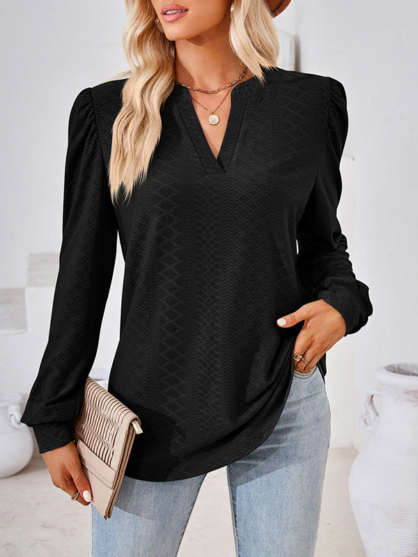 Long Sleeves Loose Jacquard Solid Color V-neck T-Shirts Tops