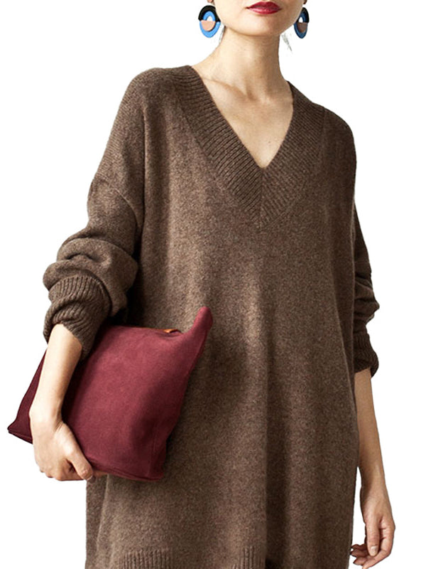 Stylish Long Sleeves Loose Solid Color V-Neck Sweater Dresses