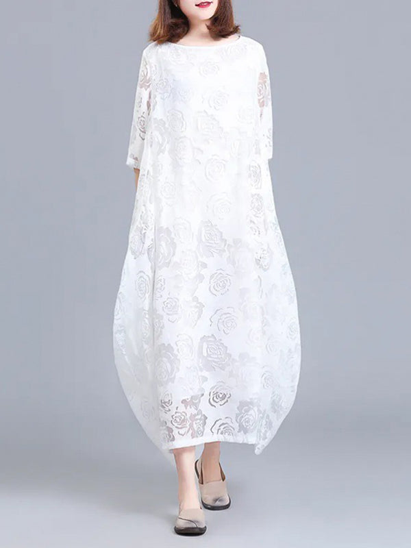 A-Line Half Sleeves Flower Print See-Through Solid Color Round-Neck Midi Dresses