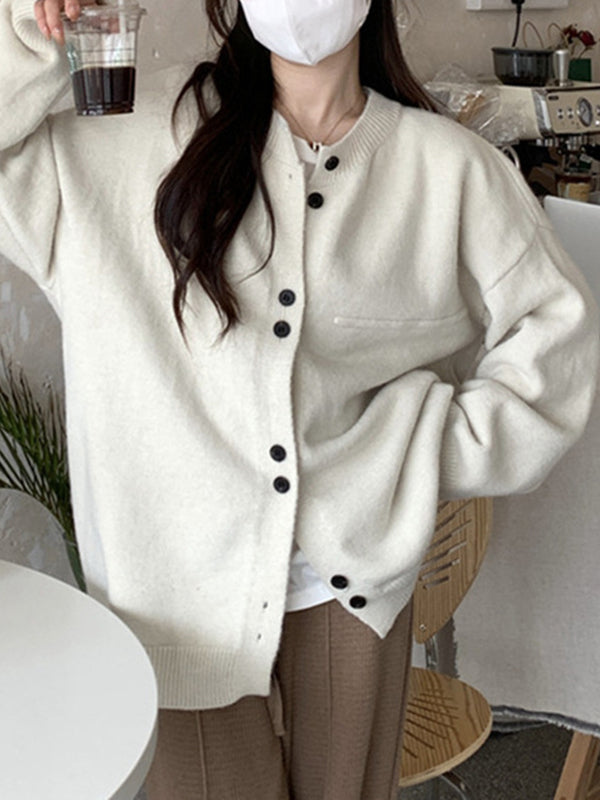 Long Sleeves Loose Buttoned Round-Neck Cardigan Tops