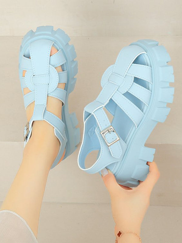 Belt Buckle Hollow Round-Toe Split-Joint Gladiators Platform Shoes Sandals