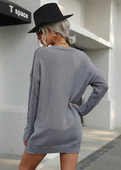 Cozy Grey Cable Knit V-Neck Sweater Dress