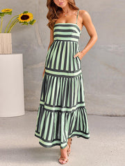 Loose Sleeveless Pleated Split-Joint Striped Spaghetti-Neck Maxi Dresses