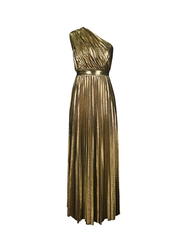 High Waisted Loose Asymmetric Pleated Shiny Solid Color One-shoulder Maxi Dresses