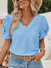 Loose Short Sleeves Heart Print Knot Pleated Solid Color Split-Joint V-Neck T-Shirts Tops