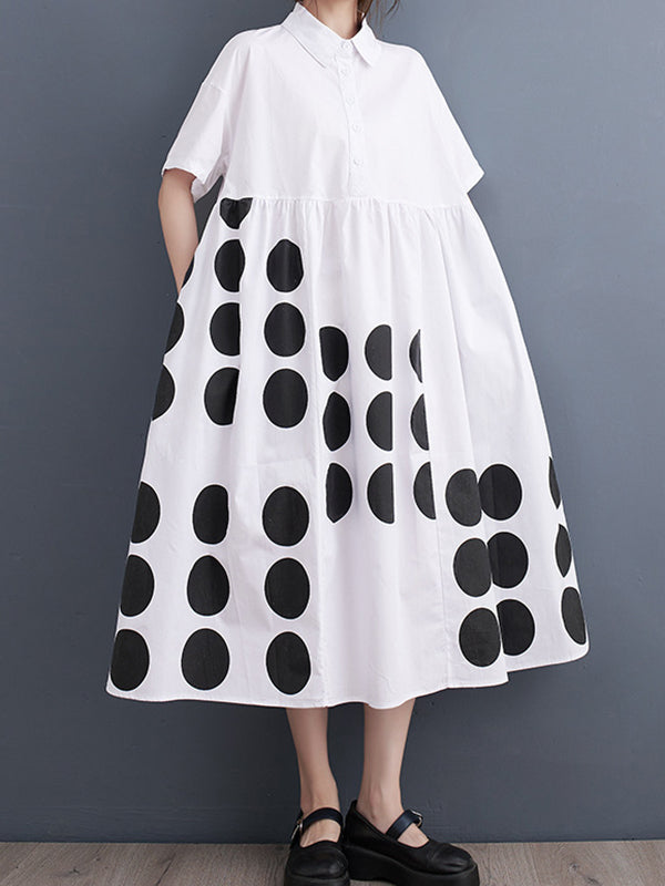 A-Line Loose Buttoned Pockets Polka Dot Printed Lapel Midi Dresses