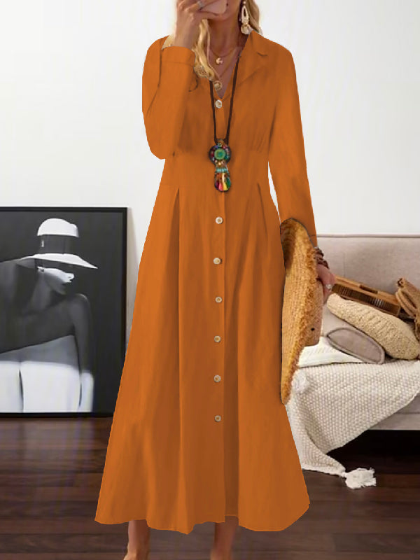 Long Sleeves Loose Pleated Lapel Midi Dresses Shirt Dress