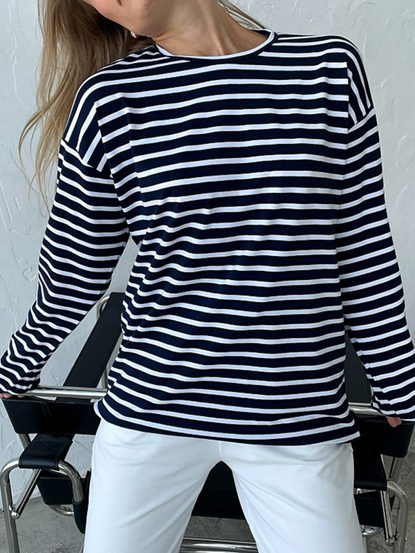 Long Sleeves Loose Striped Round-Neck T-Shirts Tops