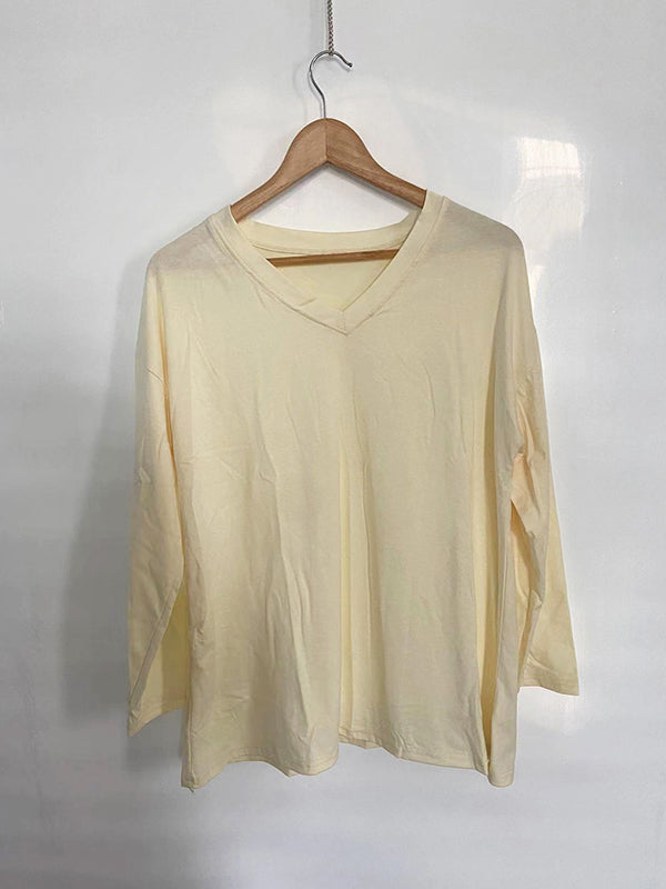 Long Sleeves Loose See-Through Solid Color Split-Joint V-Neck T-Shirts