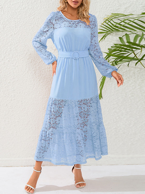 A-Line Long Sleeves Belted Elasticity Mesh Solid Color Split-Joint Round-Neck Maxi Dresses