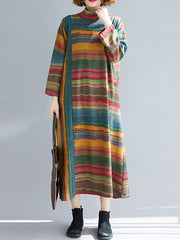 A-Line Long Sleeves Asymmetric Striped High Neck Midi Dresses