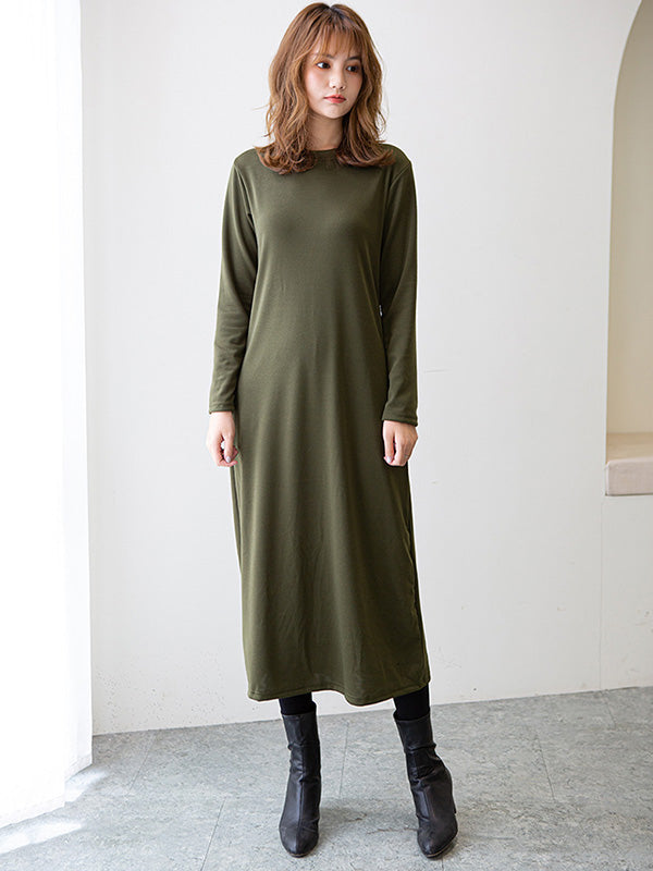 Simple Solid Color Round-Neck A-Line Midi Dress