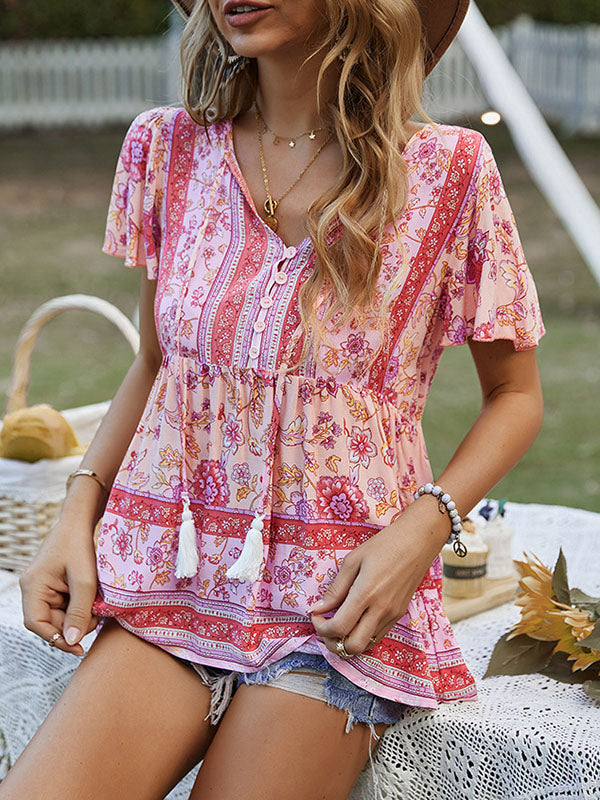 Loose Short Sleeves Buttoned Flower Print Split-Joint Tasseled Tied V-Neck T-Shirts Tops