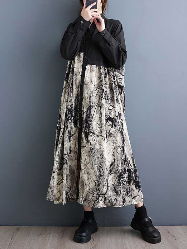 A-Line Long Sleeves Asymmetric Buttoned Printed Split-Joint Lapel Midi Dresses Shirt Dress