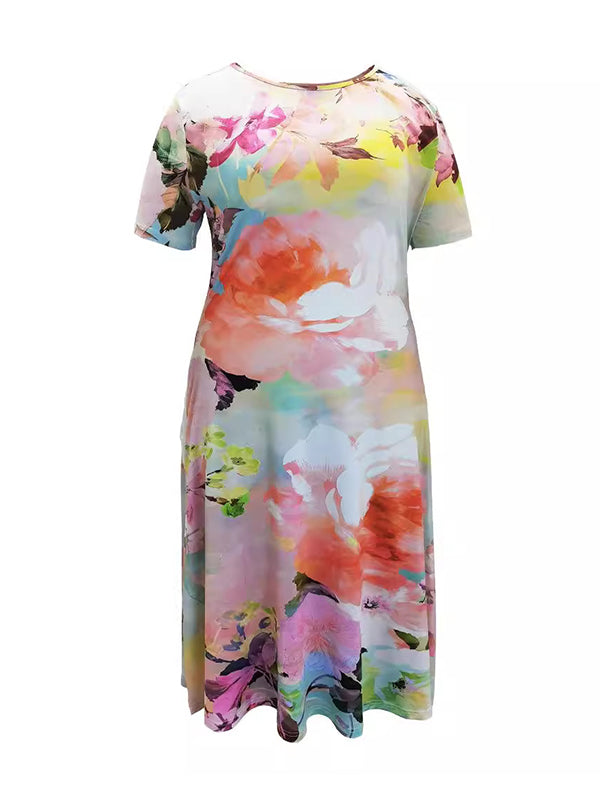 A-Line Loose Flower Print Pockets Round-Neck Midi Dresses