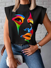 Original Casual High-Neck Cap Sleeves Face Printed T-Shirt Top