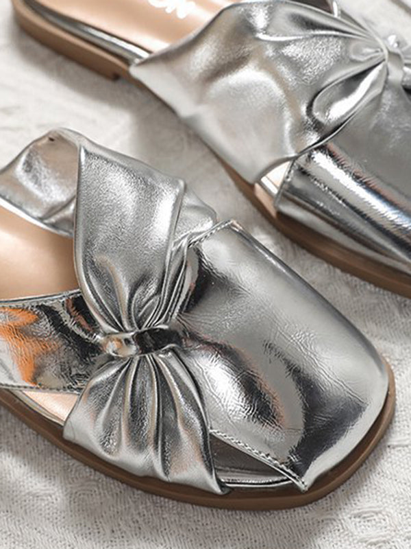 Hollow Pleated Shiny Split-Joint Square-Toe Slippers&Mules