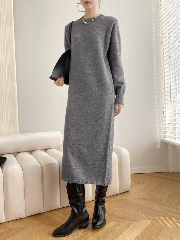 Urban Loose Long Sleeves Solid Color Round-Neck Sweater Dresses