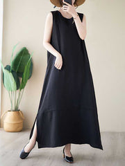 A-Line Loose Solid Color Round-Neck Midi Dresses