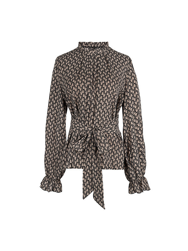 Long Sleeves Bandage Belted Leopard Printed Round-Neck Blouses&Shirts Tops