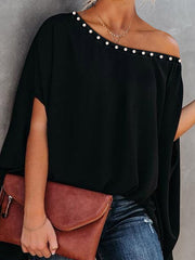 Loose Raglan Sleeve Beaded One-Shoulder T-Shirts Tops