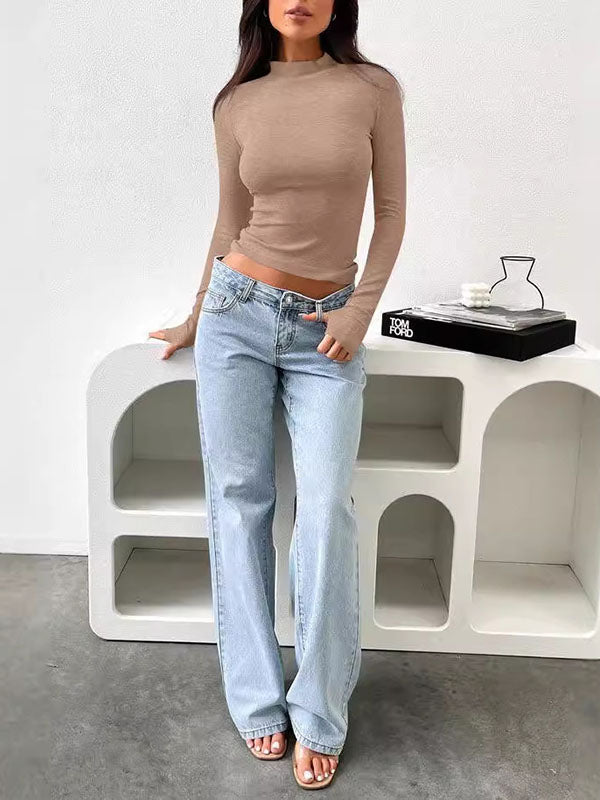 Long Sleeves Skinny Solid Color Split-Joint Round-Neck T-Shirts